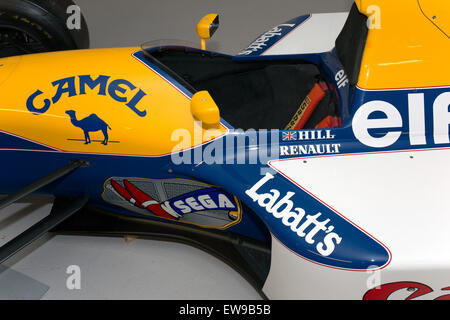 The Williams FW15C cockpit, part of the Donington Grand Prix Collection, is a historical example of advanced Formula 1 engineering from the early 1990s. Known for its sophisticated technology, the FW15C was a key contender in the 1993 Formula 1 season, driven by Alain Prost and Damon Hill. Stock Photo