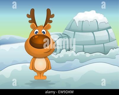 Reindeer in Winter, Igloo in Background, vector illustration Stock Vector
