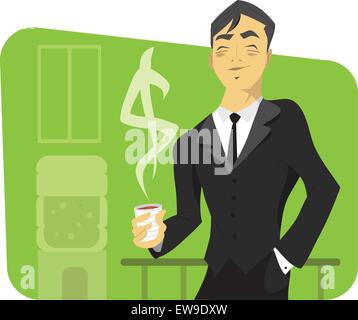 Vector of a smiling businessman on his break, having a coffee with a dollar sign of steam going up from it. Stock Vector