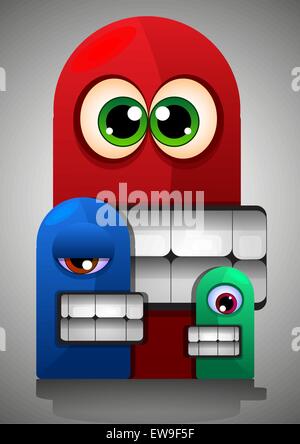 Colorful Creatures, Red Blue Green Monsters, Big Eyes Teeth, vector illustration Stock Vector