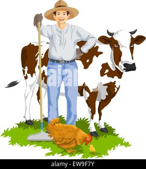 Vector illustration of farmer with hen and cow at farm. Stock Vector