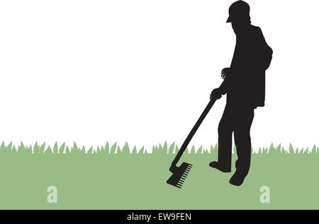 Gardener raking grass, black silhouette, vector illustration Stock Vector