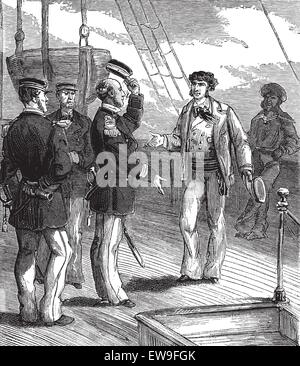 Bandits of the sea. He stopped with a respectful attitude, vintage engraved illustration. Journal des Voyages, Travel Journal, ( Stock Vector