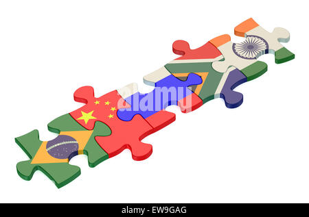 Puzzles with flags of Russia, China and India together on white surface ...