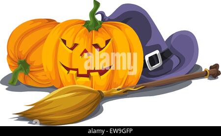 Vector illustration of halloween pumpkin with witch's hat and broomstick isolated on white. Stock Vector