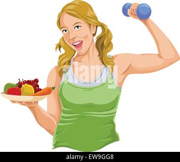 Vector illustration of fit young woman posing with dumbbell and fruit plate. Stock Vector