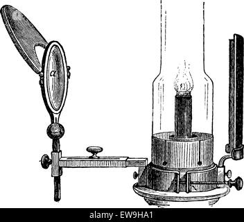 Portable Laryngoscope, illuminated by direct light from a gas lamp, vintage engraved illustration. Usual Medicine Dictionary by  Stock Vector