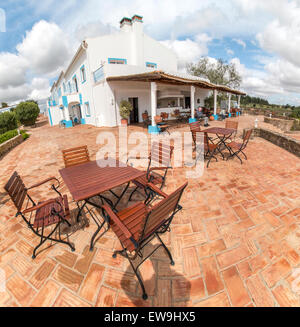 View of a beautiful estate villa on top of a hill located in the Alentejo region, Portugal. Stock Photo