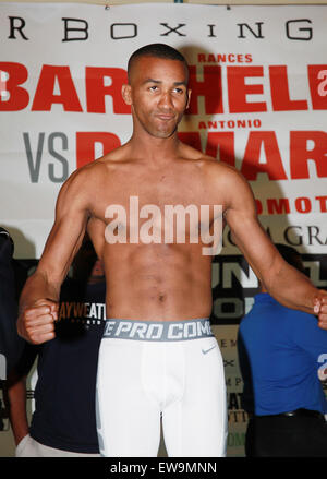 Las Vegas, Nevada, USA. 20th June, 2015. Boxer Rances Barthelemy poses for photographers during the weighin ceremony on June 20, 2015 at MGM Grand Arena lobby in Las Vegas, Nevada Credit:  Marcel Thomas/ZUMA Wire/Alamy Live News Stock Photo