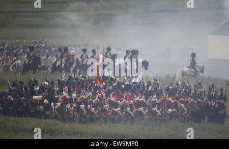 Waterloo, Belgium. 20th June, 2015. Re-enactors take part in the re-enactment of the 'The Allied Counterattack' battle as part of the bicentennial celebrations for the Battle of Waterloo, in Waterloo, Belgium June 20, 2015. Credit:  Ye Pingfan/Xinhua/Alamy Live News Stock Photo