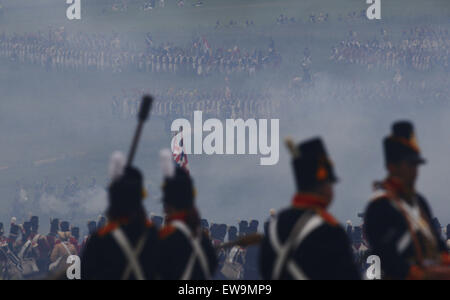 Waterloo, Belgium. 20th June, 2015. Re-enactors take part in the re-enactment of the 'The Allied Counterattack' battle as part of the bicentennial celebrations for the Battle of Waterloo, in Waterloo, Belgium June 20, 2015. Credit:  Ye Pingfan/Xinhua/Alamy Live News Stock Photo