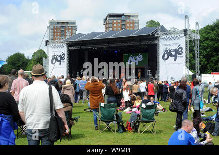 Liverpool, UK. 20th June, 2015. Main stage at the festival. Africa Oye Festival 2015. Saturday 20th & Sunday 21st June 2015. Review Field, Sefton Park, Liverpool, England, UK.. Africa Oyé, the UK's largest free celebration of African music and culture takes place annually in Liverpool. Credit:  David Colbran/Alamy Live News Stock Photo