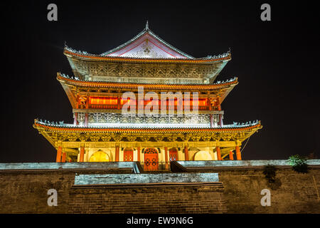 Chinese drum tower illuminated at night Stock Photo