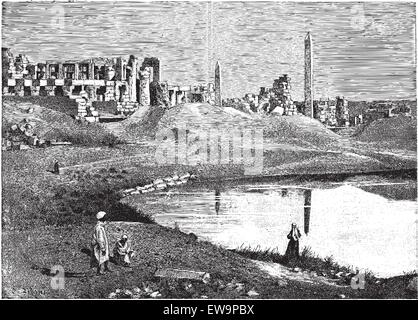Karnak (Egypt) ruins of the great temple and obelisk, vintage engraved illustration. Dictionary of words and things - Larive and Stock Vector