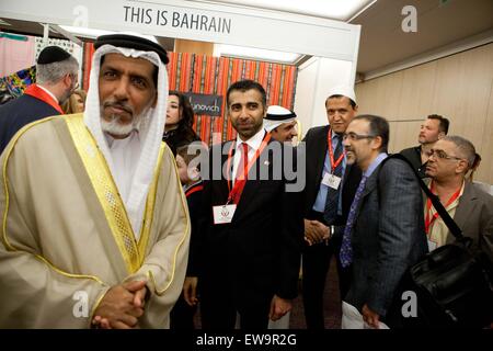 France, Paris, 'This is Bahrain' religious freedom delegation, exhibition and conference. (R ) Hassen Chalghoumi, Imam of the Drancy Mosque.   Muslim cleric Sheikh Salah bin Yousuf Aljowder, 'This is Bahrain', delegation, a multi-faith group of Bahrainis and expatriates, set up to highlight religious tolerance in Bahrain and promote understanding between cultures and faiths, is the brainchild of the Bahrain Federation of Expatriate Associations (BFEA). Paris, FRANCE - 16/06/2015. Stock Photo