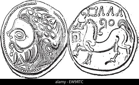 Ancient Celtic DiDrachma Coin, showing Head (front) and Belgian Horse (back), vintage engraved illustration. Dictionary of Words and Things - Larive and Fleury - 1895 Stock Vector