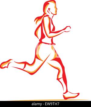 Woman running, line art, vector illustration Stock Vector