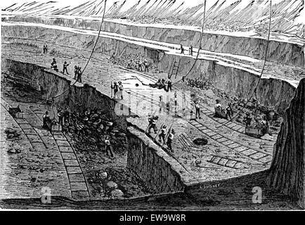 Open-pit Mining, vintage engraved illustration. Industrial Encyclopedia - E.O. Lami - 1875 Stock Vector