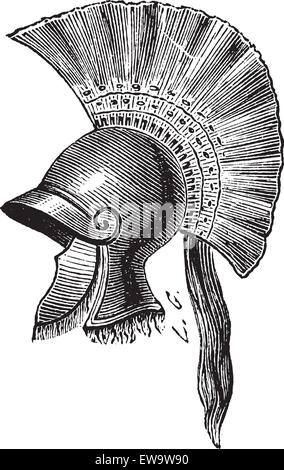 Old engraved illustration of Greek helmet criniere de cheval isolated on a white background. Industrial encyclopedia E.-O. Lami ? 1875. Stock Vector