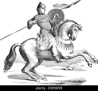 Old engraved illustration of knight on a horse wearing hauberk, themed after Meyrick. Industrial encyclopedia E.-O. Lami ? 1875. Stock Vector