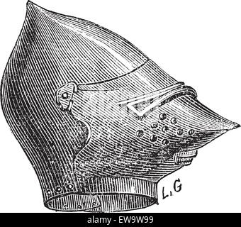 Old engraved illustration of the mask helmet isolated on a white background. Industrial encyclopedia E.-O. Lami ? 1875. Stock Vector