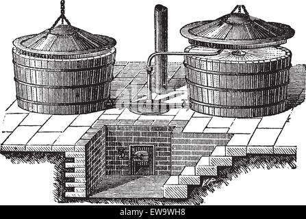 Old engraved illustration of old washing machine with steam pressure. Industrial encyclopedia E.-O. Lami - 1875. Stock Vector