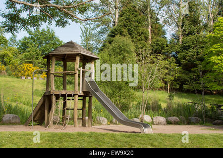 children's empty play area in natural surroundings - Balmaha, Loch Lomond and Trossachs National Park Visitor Centre, Scotland, Stock Photo