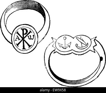 Two christian episcopal rings with symbols vintage engraving. Old engraved illustration of a bishp or archbishop ring, with the fish, dove and monogram of Christ, and the other with fin and branch. Stock Vector