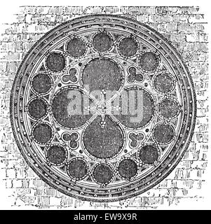 Dean's eye rose window in the North Transept of Lincoln Cathedral, England. Old engraving. Old engraved of Dean's eye rose window, in the Cathedral Church of the Blessed Virgin Mary of Lincoln. Stock Vector