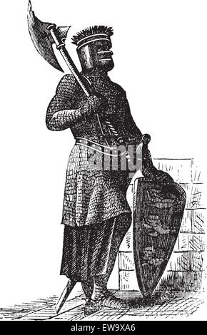 Armor and weapons during the first Crusades era, old engraving. Vector, engraved illustration of Crusade knight, in mail armor, with hauberk, shield and sword. Stock Vector