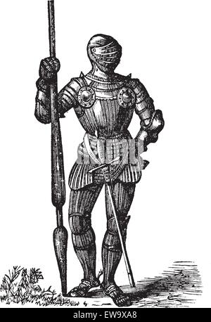 Henry VII armor, King of England, old engraving. Vector, engraved illustration of King Henry VII full body armor, with his lance and sword. Stock Vector