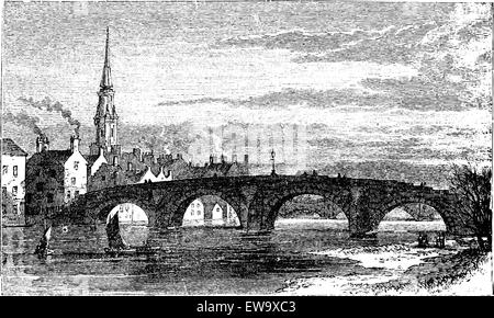 River Ayr Bridges. Old Bridge or Auld Brig over Ayr River, in Scotland, during the 1890s, vintage engraving. Old engraved illustration of the Old Bridge over the Ayr River. Stock Vector