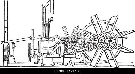 Clermont Steam Ship paddle wheel unit, vintage engraving. Old engraved illustration of the paddle wheel unit of the Clermont Steam Ship. Stock Vector