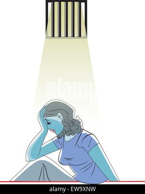 Sad woman in prison, vector illustration Stock Vector