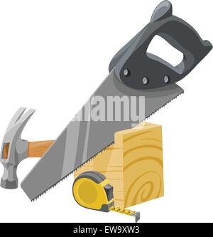 Vector illustration of hammer, tape measure, saw and wood. Stock Vector
