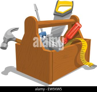 Vector illustration of wooden toolbox with repairing tools. Stock Vector