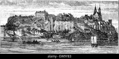 View of boats in river with building and castle on a hill in the background, in Old Breisach, Germany, vintage engraving from 1890s. Stock Vector