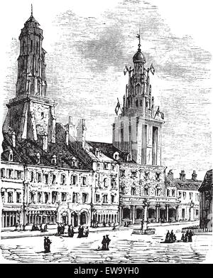 Calais city in France. City square, city hall and lighthouse vintage engraving. Old engraved illustration of a city scen in Calais, 1890. Stock Vector