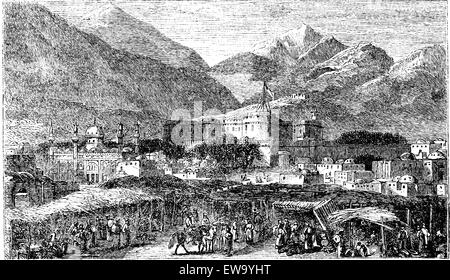 Kandahar capital city of province Afghanistan vintage engraving. Old engraved illustration of mountains and residential structures in the 1890s Stock Vector
