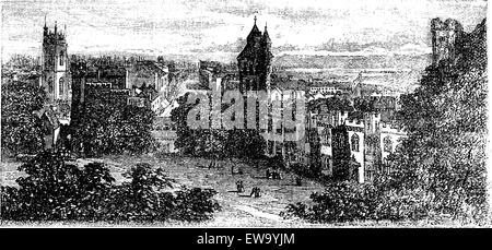 Cardiff view from castle, Wales, United Kingdom vintage engraving. Old engraved illustrationg of city Cardiff during 1890s. Stock Vector