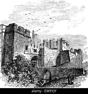 Entrance of the castle Carlisle, in Carlisle, county of Cumbria, United Kingdom vintage engraving, 1890s. Old engraved illustration of Carlisle castle, near Hadrian's wall Stock Vector