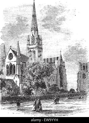 Chichester Cathedral or Cathedral Church of the Holy Trinity, in Sussex, England, during the 1890s, vintage engraving. Old engraved illustration of Chichester Cathedral. Stock Vector