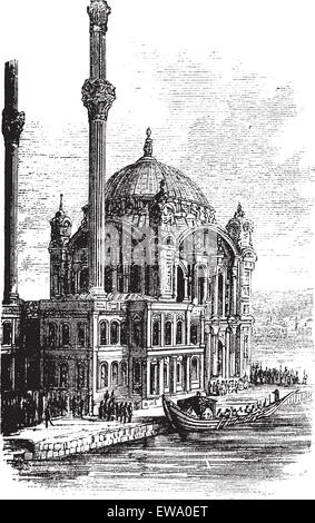 Sultan Ahmed Mosque or Blue Mosque in Istanbul, Turkey, during the 1890s, vintage engraving. Old engraved illustration of the Sultan Ahmed Mosque. Stock Vector