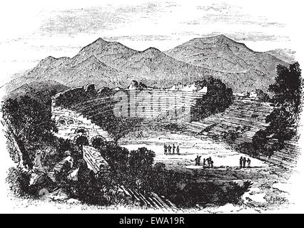 Ephesus in Izmir, Turkey, during the 1890s, vintage engraving. Old engraved illustration of Ephesus showing theater remains. Stock Vector