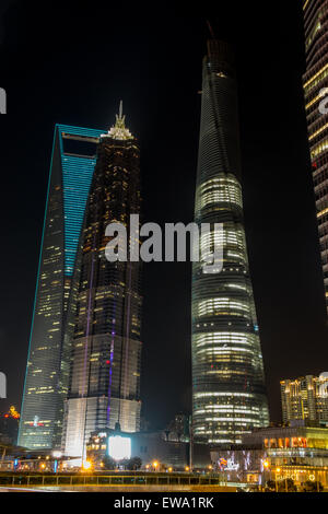 Illuminated Shanghai Tower and The Shanghai World Financial Center in Pudong, Shanghai, China Stock Photo