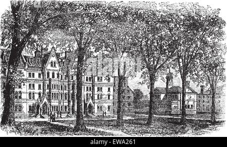 Harvard University, Cambridge, Massachussets vintage engraving. Old engraved illustration of Harvard University campus, during 1890s. Stock Vector