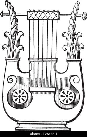 Heptacorde vintage engraving. Old engraved illustration of antique musical instrument heptacorde. Stock Vector