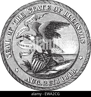 Great Seal of the State of Illinois , USA, vintage engraving. Old engraved illustration of Great Seal of the State of Illinois isolated on a white background. Stock Vector