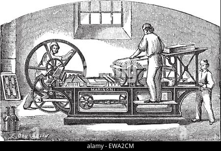 Marinoni printing press, vintage engraving. Old engraved illustration of Marinoni printing press with three workers operating it. Stock Vector