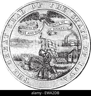 Great Seal of the State of Iowa, USA, vintage engraving. Old engraved illustration of Great Seal of the State of Iowa isolated on a white background. Stock Vector